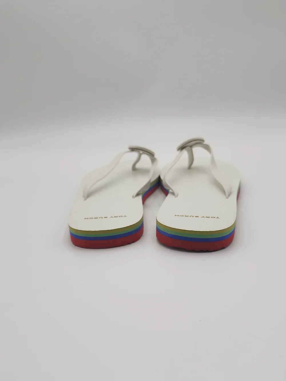 Tory Burch Minnie Flip Flops Ivory Enamel Logo Leather Straps Rainbow Sole US 9